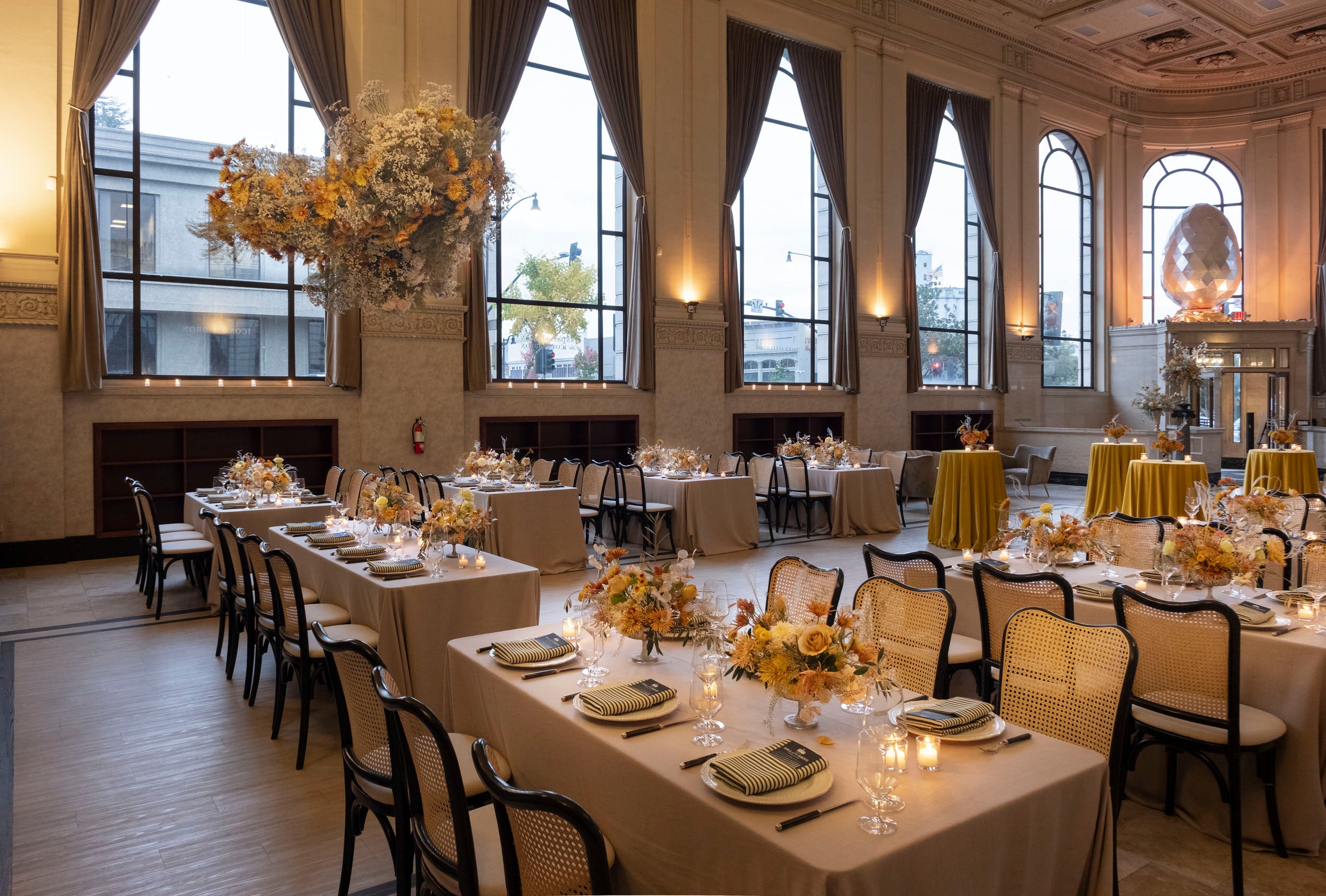 Elegant dining room at Hall of the Above in Petaluma with organically grown fall florals designed by Flower Porch based in Healdsburg CA.