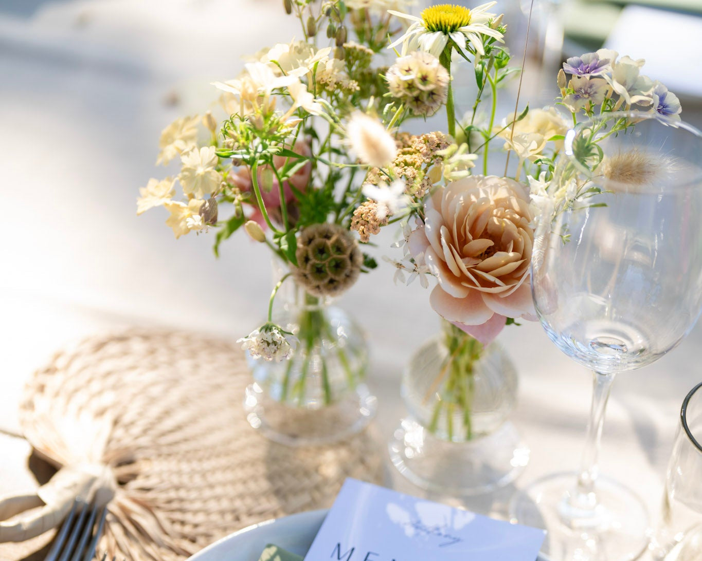 Bud vase table floral table arrangements using organically grown flowers from Front Porch Farm in Healdsburg CA.
