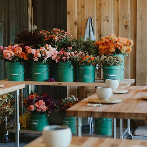 Buckets of flowers prepared for a floral design workshop held at the Flower Porchstudio in Healdsburg.
