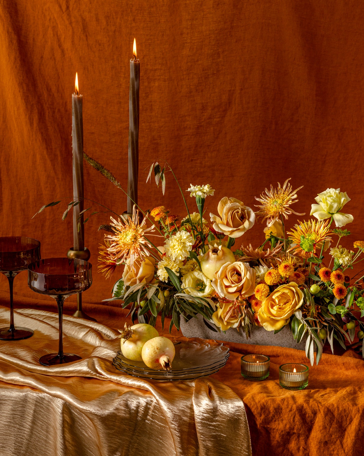 Elegant decorative table setting with organically grown fall flowers designed by Flower Porch studio at Front Porch Farm in Healdsburg CA