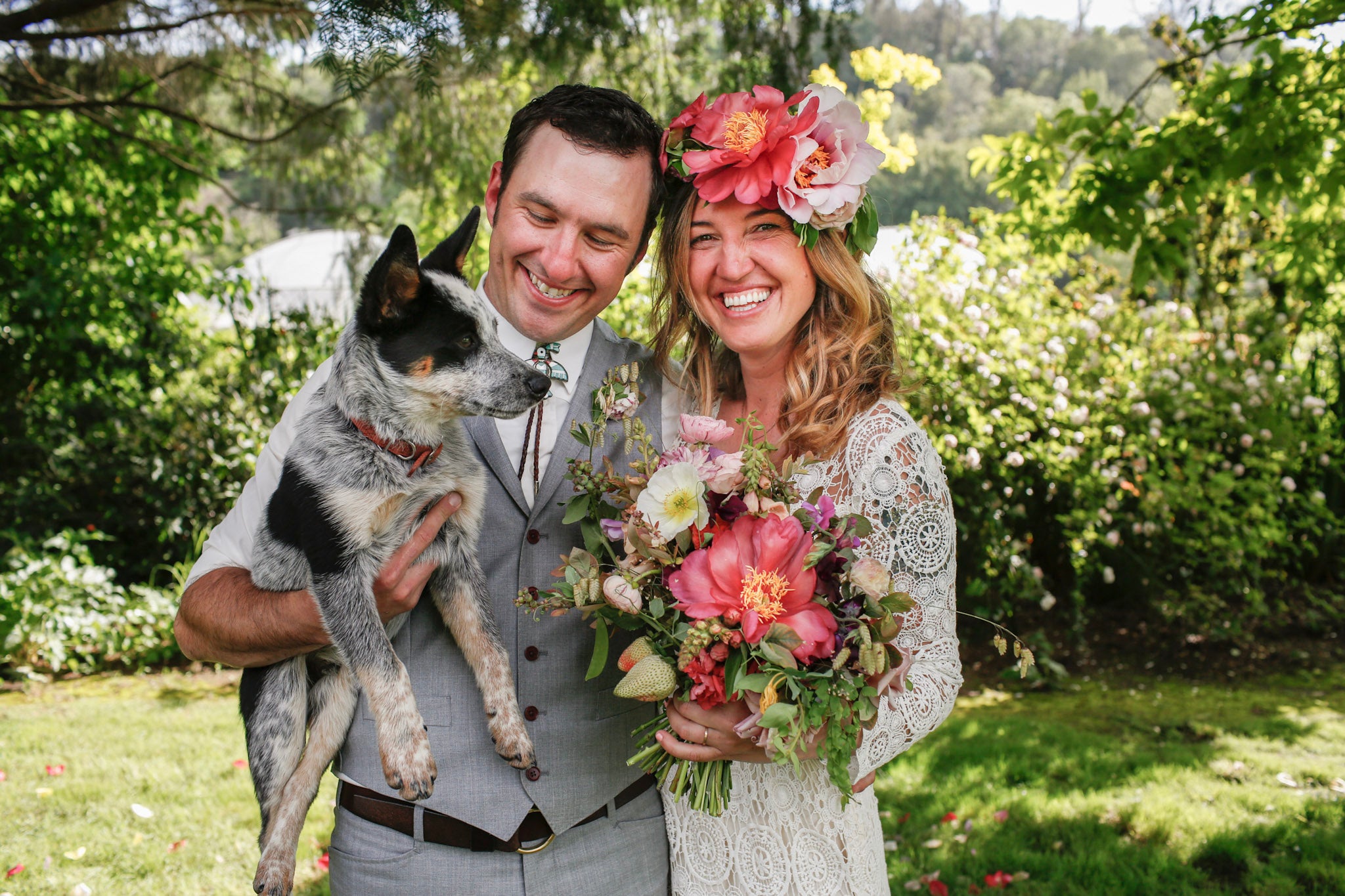 Couple on their wedding day at Front Porch Farm in Healdsburg CA featuring floral design from Flower Porch.