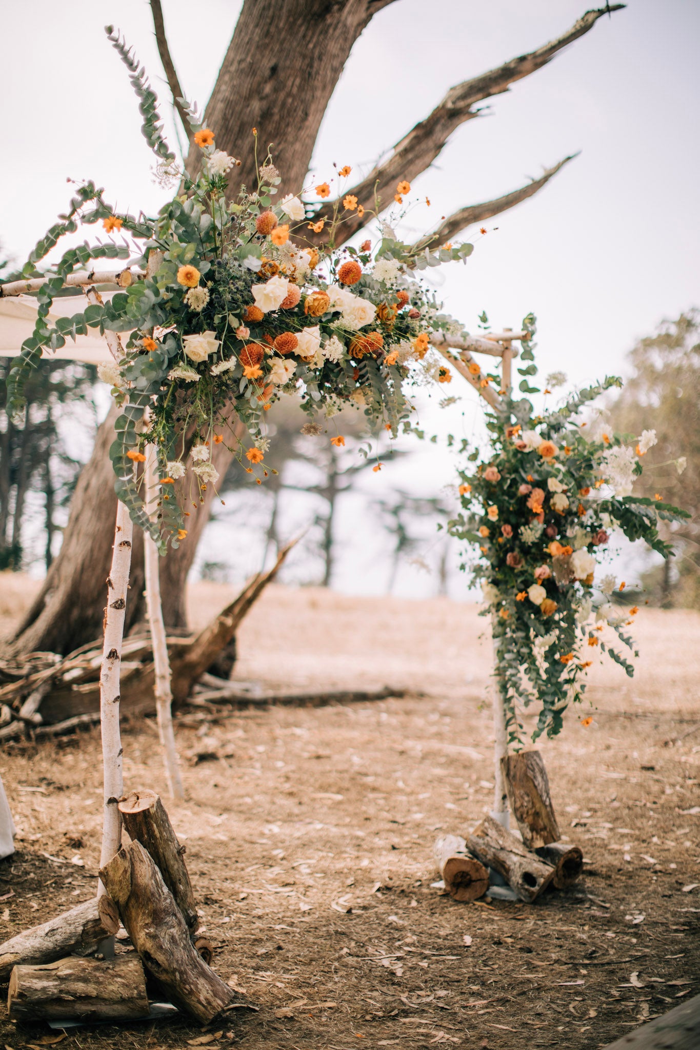 Floral archway decorated with organic florals and botanicals from Front Porch Farm in Healdsburg CA.