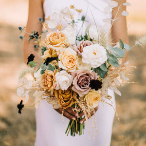 Wedding hand-tied bouquet in neutral earthy color palette featuring heirloom roses designed by Flower Porch in Healdsburg CA